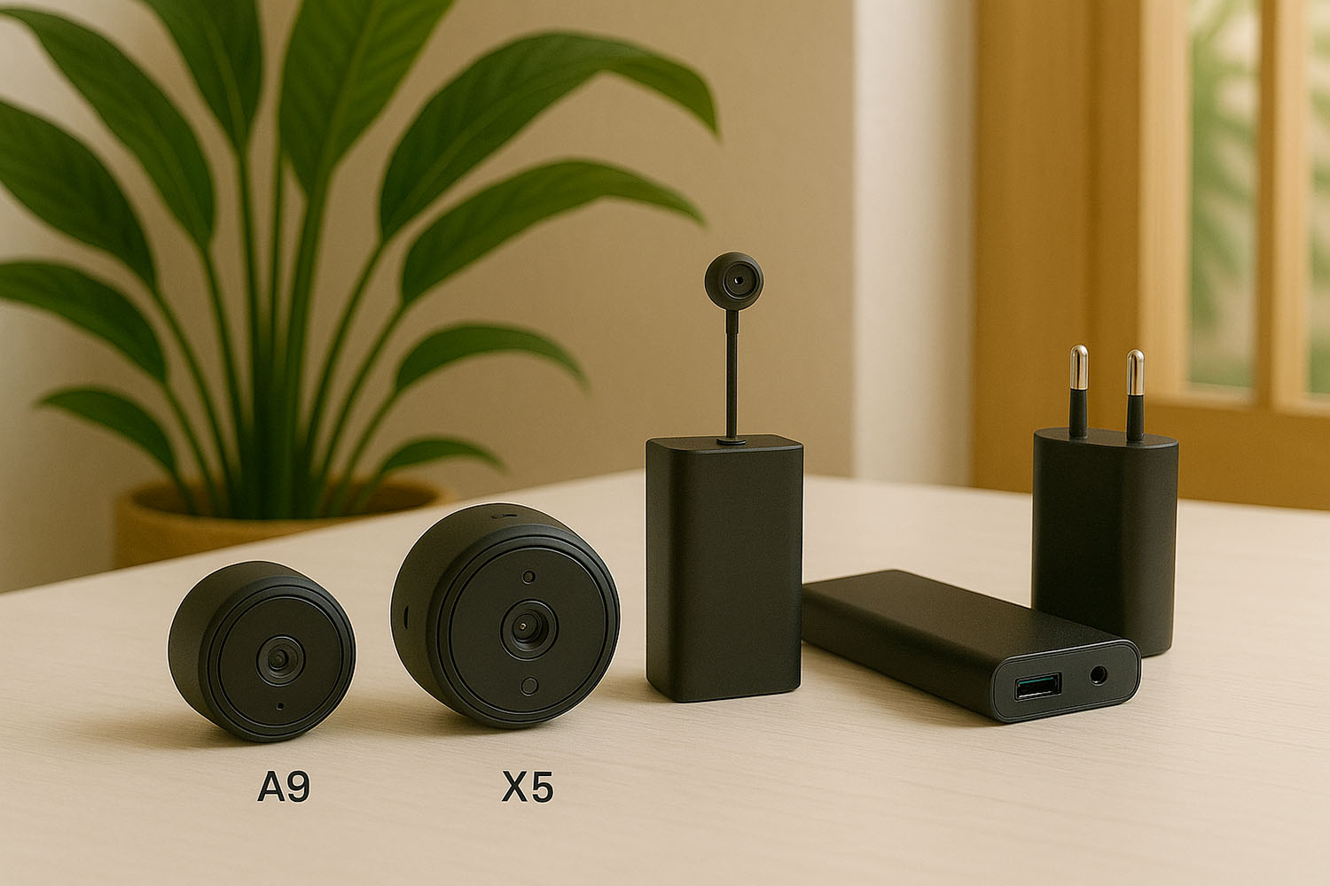 Comparatif visuel des mini caméras A9, X5 et tête d’épingle avec leurs sources d’alimentation dans les DOM-TOM