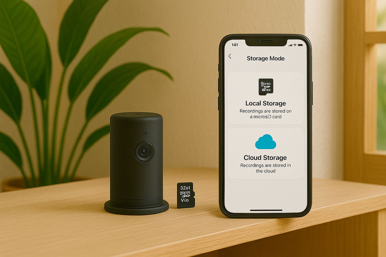 Caméra de sécurité avec carte SD et application mobile montrant un choix entre stockage local et cloud dans un intérieur DOM-TOM
