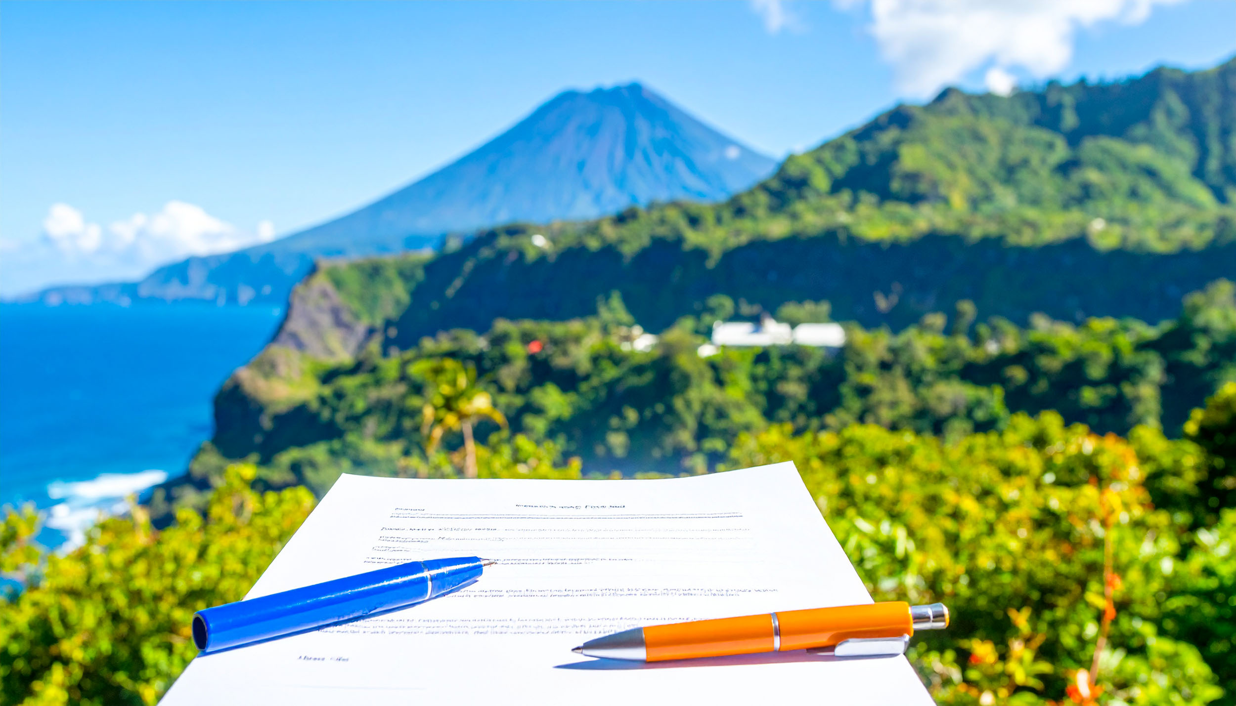 Document contractuel avec paysage de La Réunion en fond, illustrant les conditions générales de vente de Limier Tech pour les DOM-TOM.