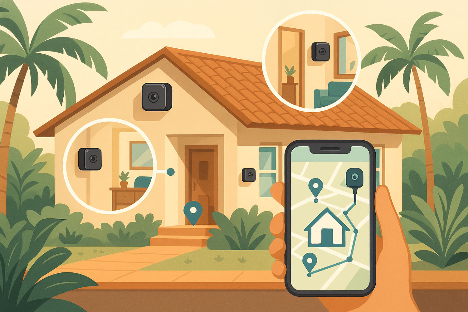 Caméra autonome installée dans un intérieur tropical pour une surveillance discrète et efficace