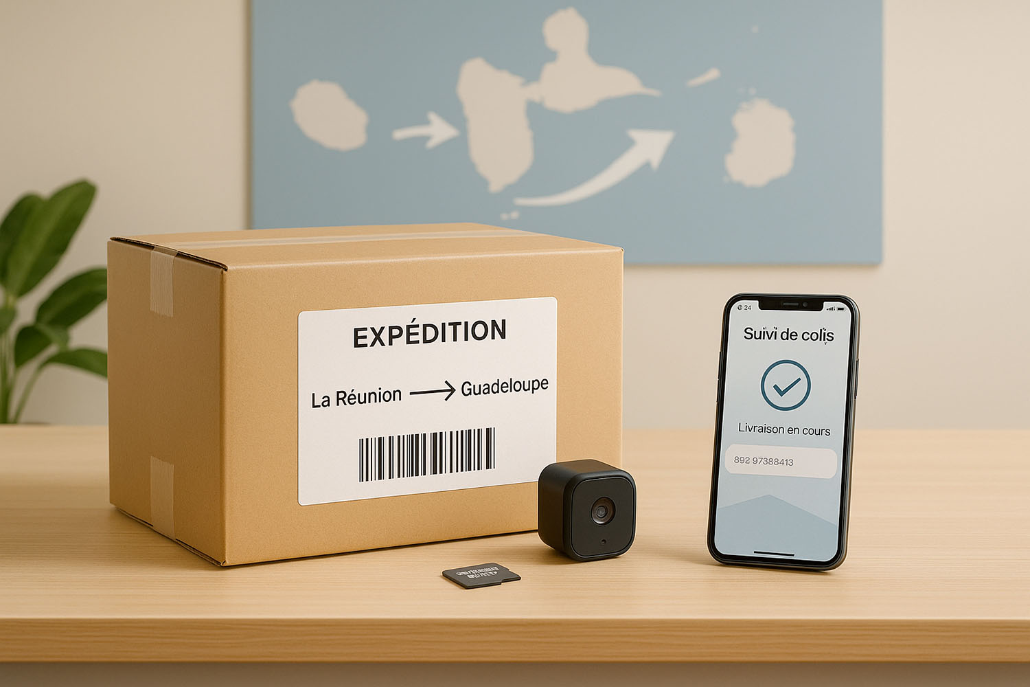 Colis avec étiquette La Réunion vers Guadeloupe en cours d’expédition, suivi affiché sur smartphone