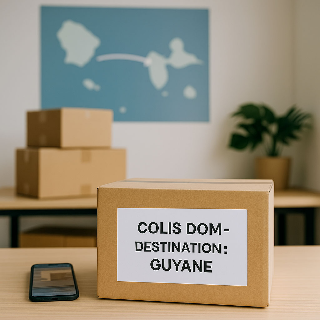 Colis étiqueté en partance de La Réunion vers la Guyane française avec suivi