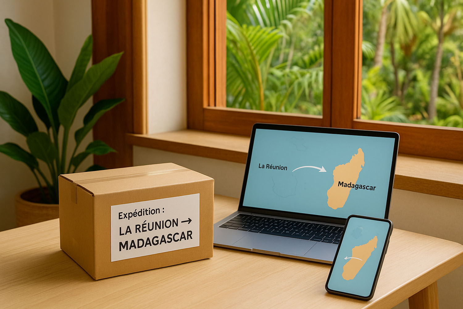 Colis avec étiquette La Réunion vers Madagascar posé sur une table, suivi visible à l’écran