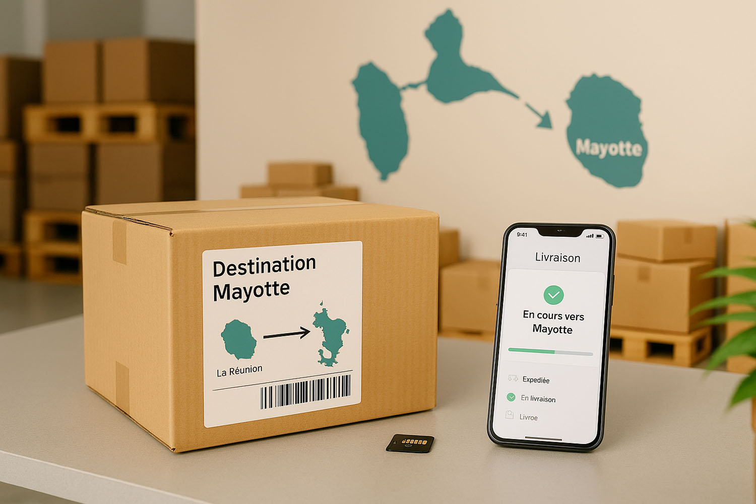 Colis destiné à Mayotte en préparation dans un dépôt à La Réunion avec carte DOM visible