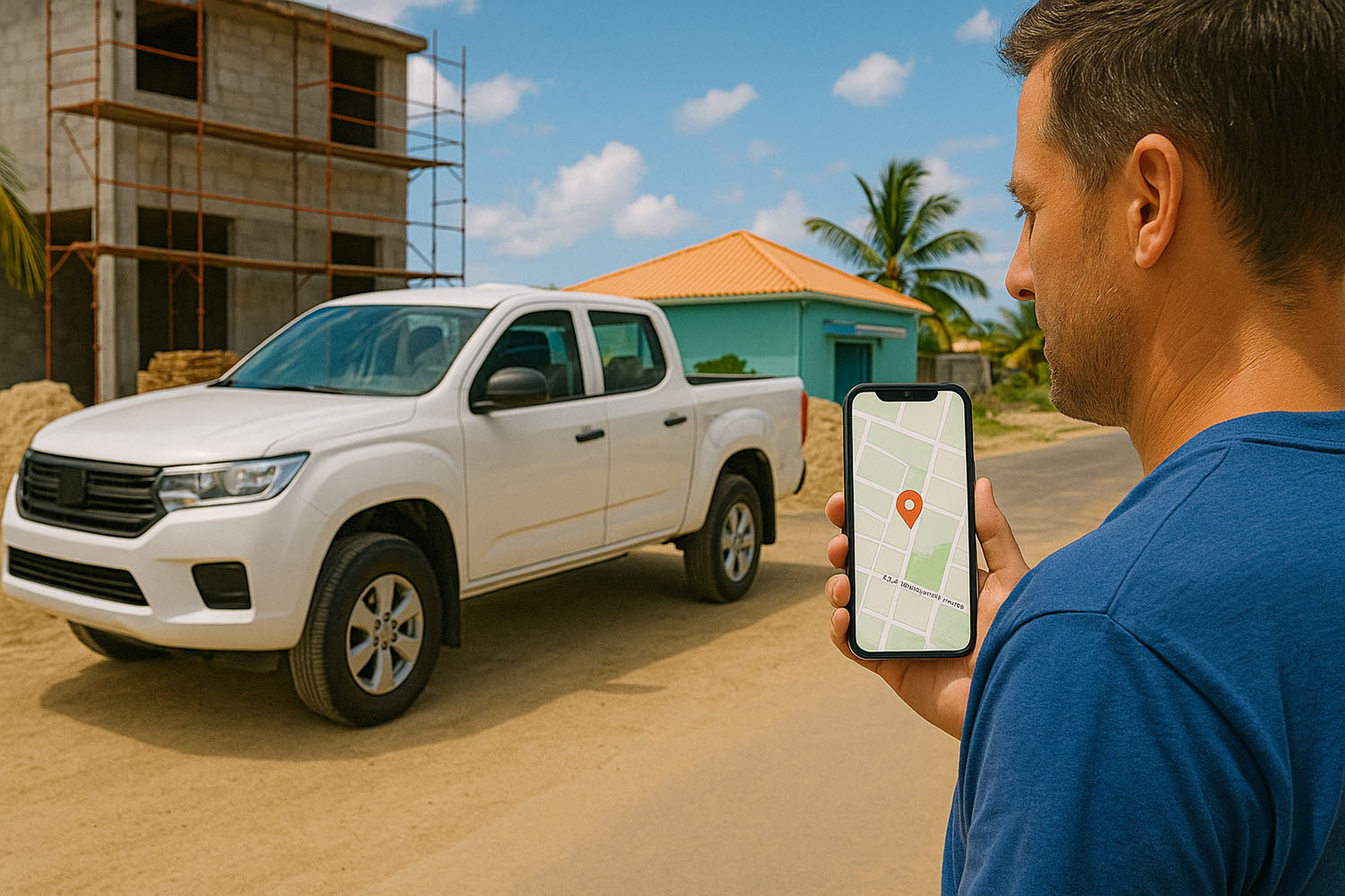 Traceur GPS affichant la position en temps réel d’un véhicule utilitaire dans un cadre professionnel aux DOM-TOM