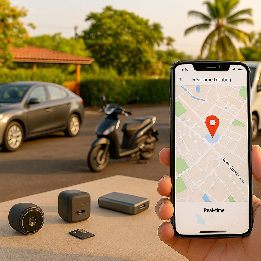 Suivi GPS en temps réel d’une voiture, d’un scooter et d’un utilitaire dans un décor tropical